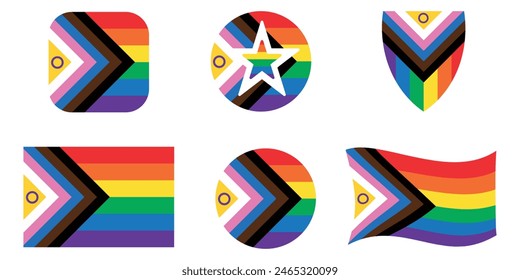 collection vector set. Intersex Progress Pride flag. New LGBTQ Pride Flag. New  Updated Intersex Inclusive Progress Pride Flag. Banner Flag for LGBT, LGBTQ or LGBTQIA plus Pride.