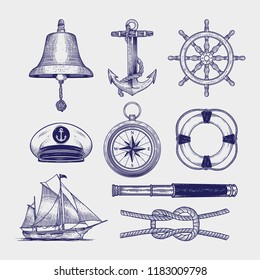 Collection of vector set of vintage marine nautical hand drawing.