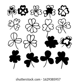 Collection of vector Shamrock clover icons for St. Patrick's day decoration. Set of 17  icons isolated on a white background. Silhouettes of clover. Website page and mobile app design vector element.
