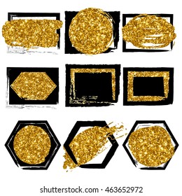 Collection of vector shapes. Black with gold glitter background for business card, flyer, poster, sign, banner, web, header. Creative abstract frame for text, type, quote invitationVector