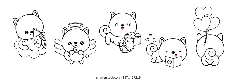 Collection of Vector Shiba Inu Dog Outline Art. Set of Isolated Puppy Coloring Page Illustration. Cute Vector Animals in Love for Coloring Book 