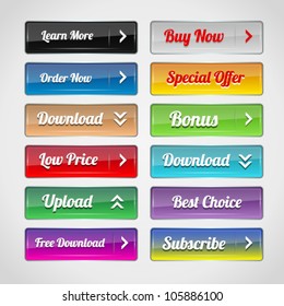 Collection of vector shiny colorful buttons for web designs. Image contains transparency. 10 EPS