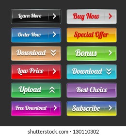 Collection of vector shiny colorful buttons for web designs on dark background. Image contains transparency. 10 EPS