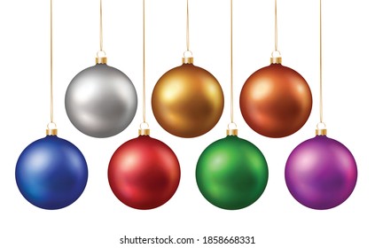 Collection of vector shiny colorful realistic hanging christmas baubles isolated on white background