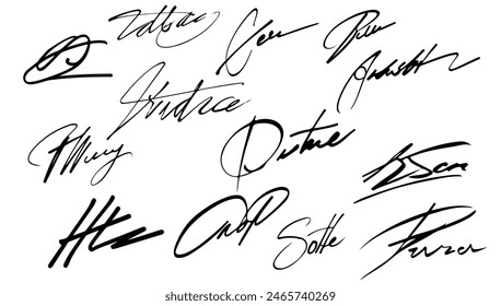 Colección de firmas de Vector ficticio ilustración de autógrafo. Pluma de garabato de escritura a mano de documento de contrato y garabato de signo de Acuerdo. Elegancia firma texto boceto falso y perfección