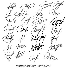 Collection of vector signatures fictitious Autograph. Signs isolated. Document hand drawn signature set. Vector illustration. Signature document 