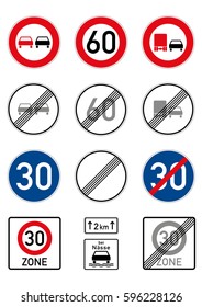 Collection of vector signs. Speed limit and overtaking ban. Germany.