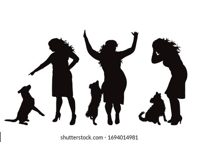 Collection of vector silhouette of anger woman with dog on white background. Symbol of animal abuse.