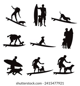 Collection of vector silhouette of boy surfing with his dog on white background. Symbol of sport and pet.