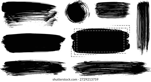 A collection of vector silhouette brush strokes in black ink, various shapes and sizes, design elements for creative projects