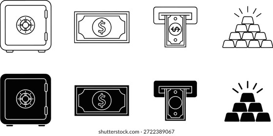Una colección de Elementos de diseño de silueta de Vector con dinero y oro, incluidos billetes, monedas y tesoros