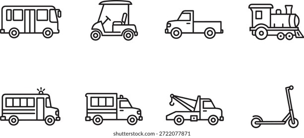 Una colección de diseños de siluetas de Vector con varios vehículos de transporte y scooters