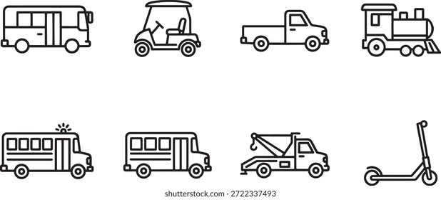 A collection of vector silhouette designs featuring various transportation vehicles, including trucks, buses, and scooters.