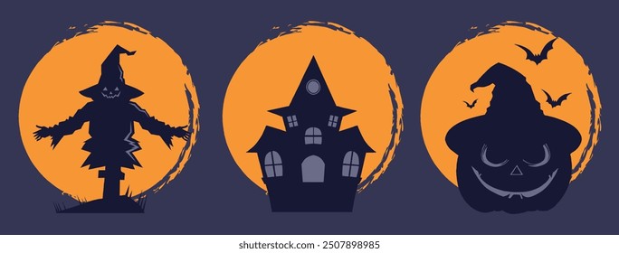 collection of vector silhouette designs with Halloween themes, pumpkin, haunted house, straw man