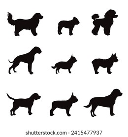 Collection of vector silhouette of different breed on white background. Symbol of pet and dog.