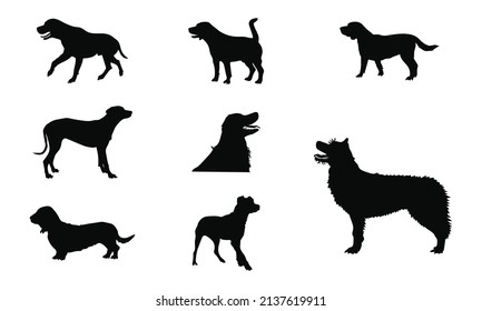 Collection of vector silhouette different breeds of dogs on white background.