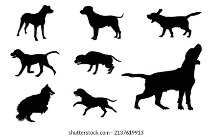 Collection of vector silhouette different breeds of dogs on white background.