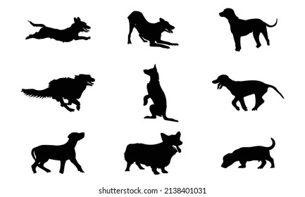 Collection of vector silhouette different breeds of dogs on white background.
