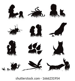 Collection of vector silhouette of different objects in grass on white background. Symbol of people and animal.