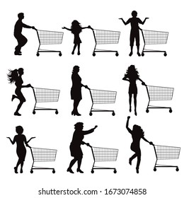 Collection of vector silhouette of different people push shopping cart on white background. Symbol of shop accessories.