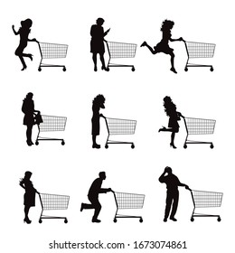 Collection Of Vector Silhouette Of Different People Push Shopping Cart On White Background. Symbol Of Shop Accessories.