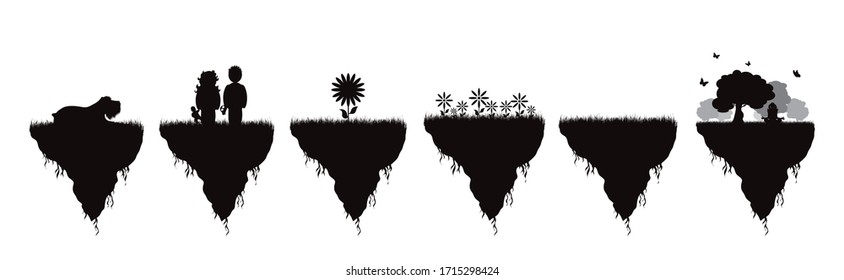 Colección de silueta vectorial de diferentes trozos de tierra con árboles sobre fondo blanco. Símbolo de la naturaleza y del planeta.
