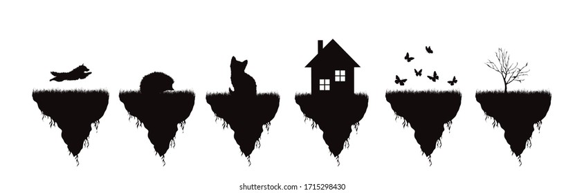 Colección de silueta vectorial de diferentes trozos de tierra con árboles sobre fondo blanco. Símbolo de la naturaleza y del planeta.