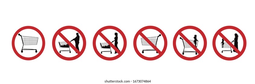 Collection of vector silhouette of do not stay children inside shopping cart and no shopping on white background. Symbol of prohibition.