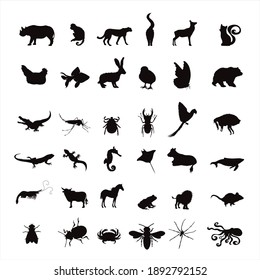 Collection of vector silhouette of farm and wild animal. Symbol of nature and creatures.