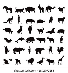 Collection of vector silhouette of farm and wild animal. Symbol of nature and creatures.