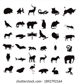 Collection of vector silhouette of farm and wild animal. Symbol of nature and creatures.