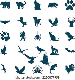 Collection of vector silhouette of farm and wild animal. Symbol of nature and creatures.
birds and fish,  Horns, Pig, bat, monkey, horse, bee, wolf, chicken, bear
