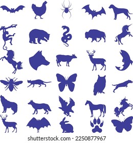 Collection of vector silhouette of farm and wild animal. Symbol of nature and creatures.
birds and fish,  Horns, Pig, bat, monkey, horse, bee, wolf, chicken, bear