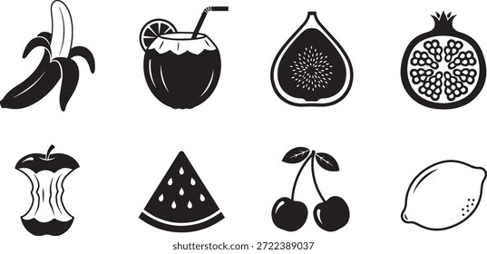 Una colección de íconos de frutas de silueta de Vector, que incluyen plátano, jugo, pera, granada, manzana, sandía, cerezas y limón