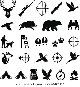 Collection of vector silhouette graphics for outdoor pursuits featuring wildlife hunting equipment and camping essentials. Ideal for adventure and sport themes.