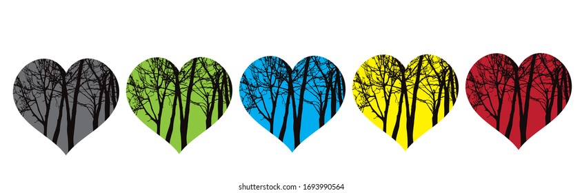 Colección de silueta vectorial del corazón con árboles en el fondo. Símbolo de bosque y naturaleza.