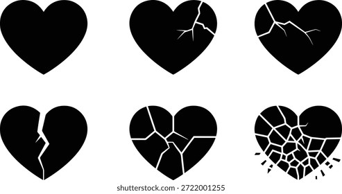 Una colección de corazones de silueta de Vector con grietas y daños, perfecto para proyectos de diseño que requieren símbolos de corazón roto.