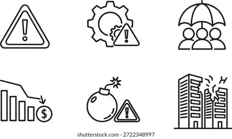 A collection of vector silhouette icons depicting business risk management and finance concepts
