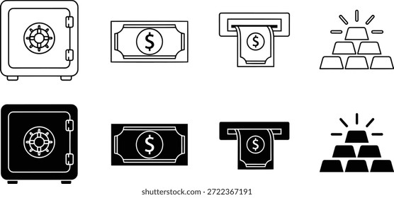 Eine Sammlung von Vektorsilhouettensymbolen, die Symbole der finanziellen Sicherheit darstellen, einschließlich Tresore, Geld und Schatz