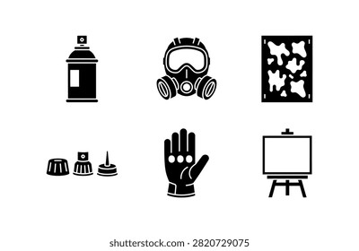 A collection of vector silhouette icons depicting essential street art supplies including a spray can, respirator mask, stencil, nozzles, glove, and easel.