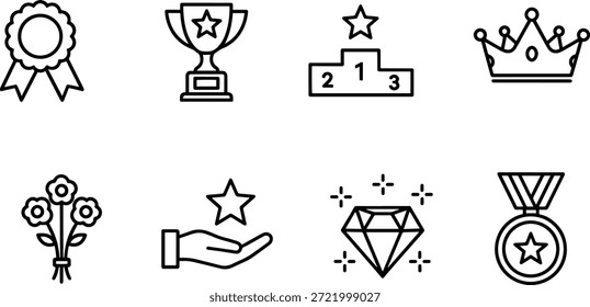 Uma coleção de ícones de silhuetas vetoriais com símbolos de prêmios, incluindo troféus, medalhas, estrelas e coroas, para fins de design e decoração.