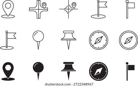 A collection of vector silhouette icons featuring various map markers and flags for navigation and design purposes