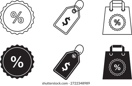Uma coleção de ícones de silhueta vetorial com desconto por cento e desenhos de sacos de compras para uso comercial