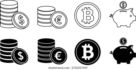 Una colección de íconos de silueta de Vector con criptomonedas y símbolos de dinero, incluidos bitcoin, dólar y euro, en un diseño moderno