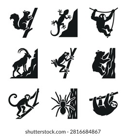 A collection of vector silhouette icons featuring diverse animals including squirrels, lizards, monkeys, bears, and insects climbing in natural settings.