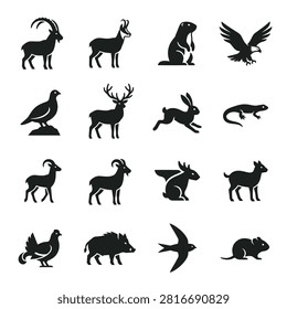 A collection of vector silhouette icons featuring various mountain animals and alpine wildlife species designed as clean, minimalist black graphic elements.