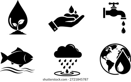 Eine Sammlung von Vektorgrafik-Silhouetten-Symbolen, die Wasserschutz- und Umweltkonzepte darstellen