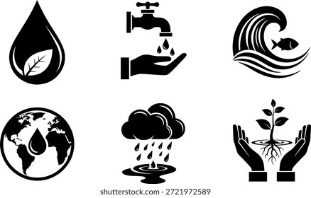 Eine Sammlung von Vektorgrafik-Silhouetten-Symbolen, die umweltfreundliche und wassersparende Konzepte darstellen
