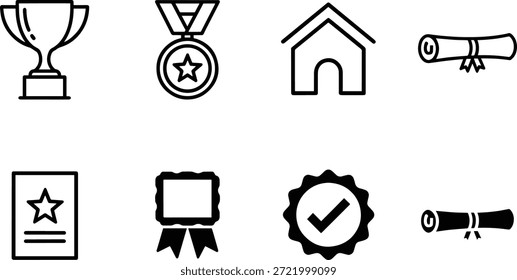 Una colección de íconos de siluetas de Vector que representan logros y éxitos, incluidos trofeos, medallas y certificados.