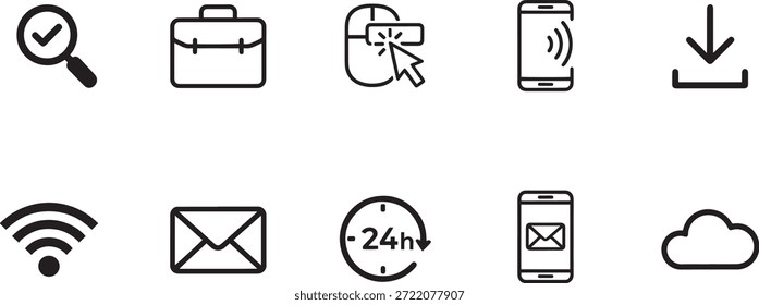 A collection of vector silhouette icons representing business communication and technology concepts